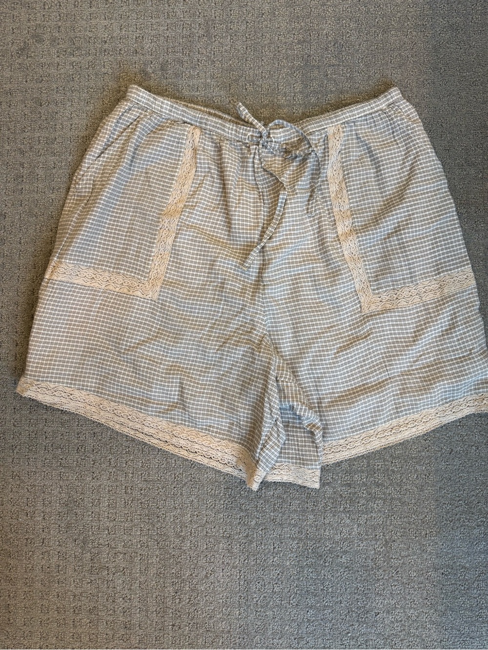 aerie Blue and Cream High Waist Gingham Lace-Trim Shorts